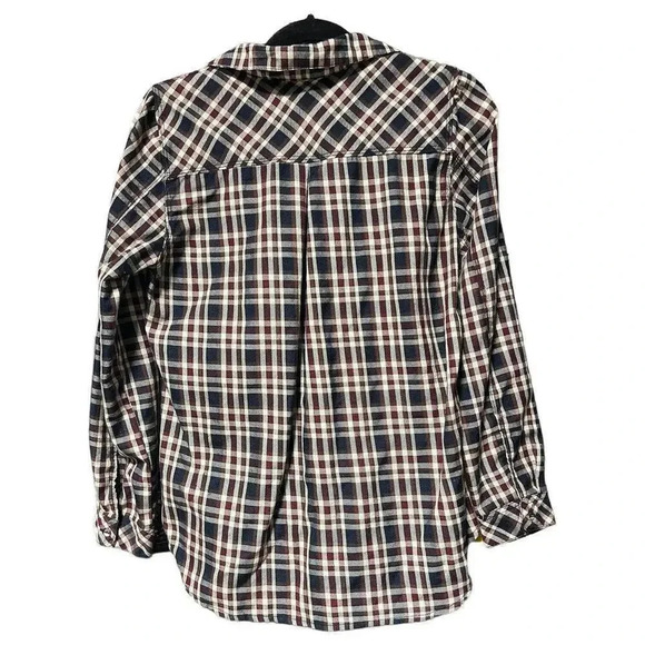 Skies Are Blue‎ Women's V-Neck Maroon Navy Plaid Shirt Roll Tab Sleeve Size M - Picture 5 of 11